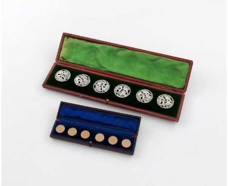 A cased set of six late-Victorian silver buttons, by S. Jacob, London 1900, circular form, pierced and chased with foliate de