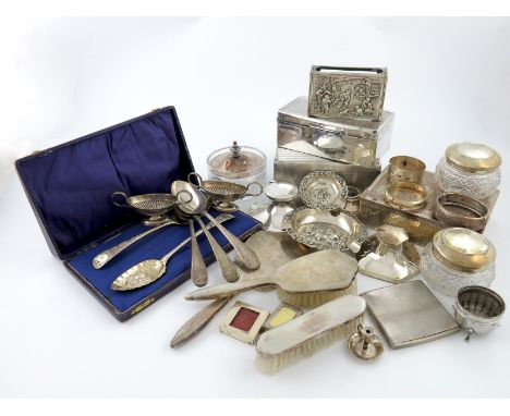 A mixed lot of silver items, various dates and makers, a pair of silver-mounted toilet jars, two cigarette boxes, two capstan