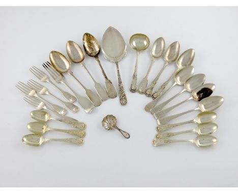 A mixed lot of silver flatware, various dates and makers, comprising: a sauce ladle, a set of four dessert spoons, three dess