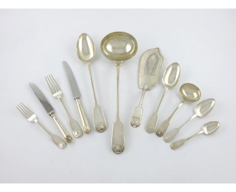 A Victorian silver Fiddle and Shell pattern canteen for twelve, by William Eaton, London 1840, comprising: twelve tablespoons