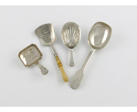 λ A small collection of four silver caddy spoons, comprising: a George III example by Cocks and Bettridge, London 1810, one w