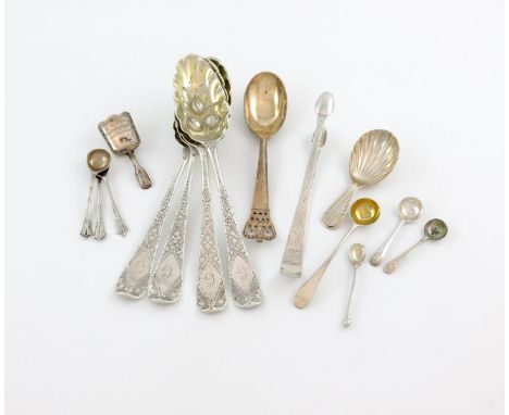 A mixed lot of silver flatware, various dates and makers, comprising: four 18th century tablespoons, with later berry decorat