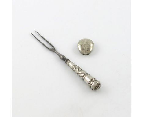 An early 18th century silver-handled two-pronged fork, circa 1700-1720, the tapering handle with traces of a star mark, steel