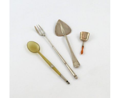 λ A mixed lot of silver flatware, various dates and makers, comprising: a Victorian pickle fork, by Elkington and Co, Birming