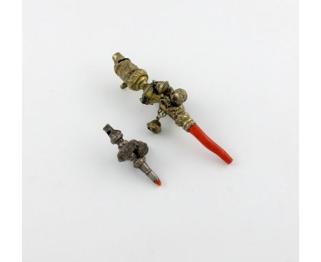 An 18th century silver-gilt baby's rattle and whistle, maker's mark possibly that of Walter Brind, baluster form, embossed fo