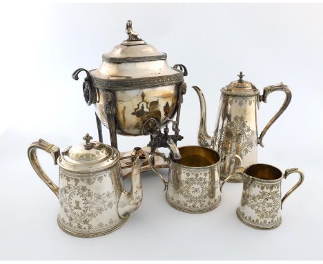 λ A four-piece Victorian electroplated tea and coffee set, tapering circular form, engraved decoration, scroll handles, engra