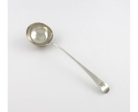 A George III silver Old English pattern soup ladle, by John Lampfert, London 1769, circular bowl, the terminal with a crest, 