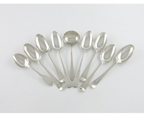 A mixed lot of silver flatware, various dates and makers, comprising: five Hanoverian silver tablespoons, a pair of Old Engli