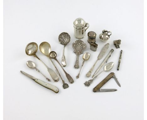 A mixed lot of silver items, comprising: an 18th century box of cylindrical form, unmarked, a kitchen pepper pot, London 1898