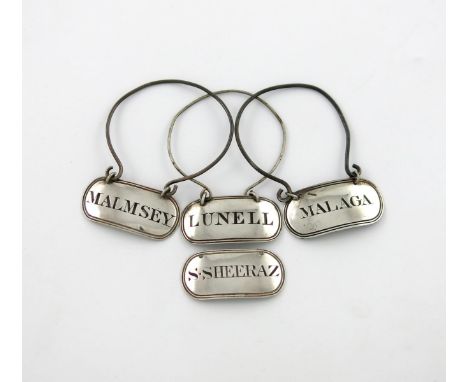 Four early 19th century silver wine labels, two by Elizabeth Morley, London 1813, one by DH with unidentified marks, and one 