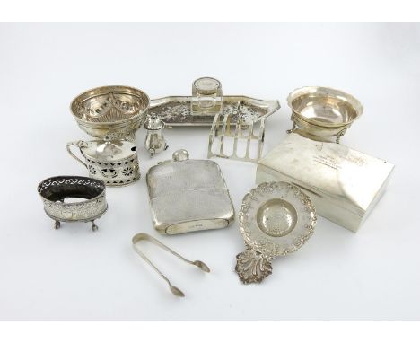 A mixed lot of silver items, various dates and makers, comprising: a Victorian sugar bowl, by E. Hutton, London 1888, an inks