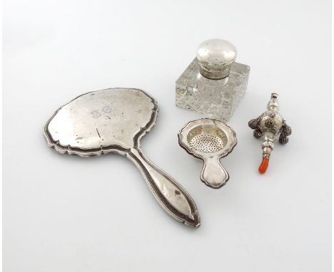 A mixed lot of silver items, various dates and makers, comprising: a Victorian silver child's rattle, Birmingham 1884, balust