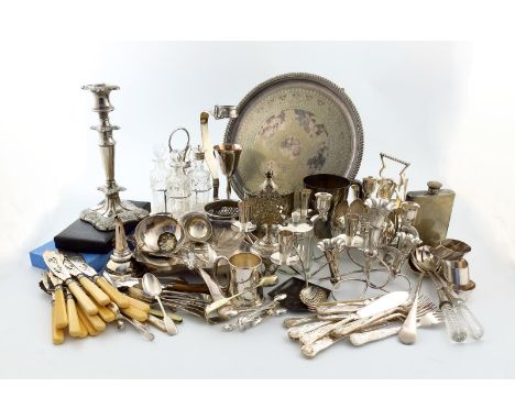 λ A mixed lot of electroplated items, comprising: a salver, a four bottle cruet frame, a Danish four light candelabrum, a thr