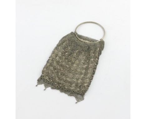 A Chinese silver mesh bag, marked with Chinese characters, with a ring handle, silk lined, length 28cm.