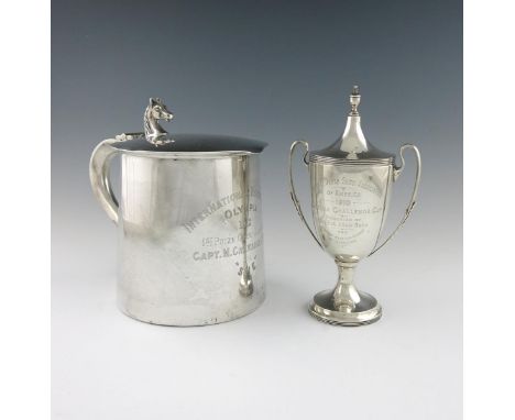 Equestrian interest, a presentation silver tankard, by Thomas Bradbury and Sons, London 1912, tapering circular form, scroll 