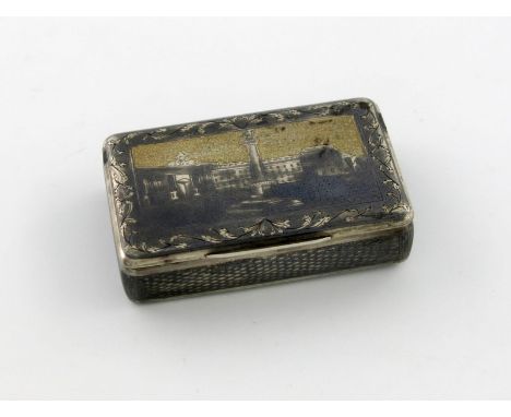 A 19th century Russian silver and niello work snuff box, Moscow 1845, rectangular form, the hinged cover and base with archit