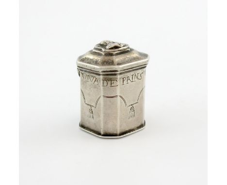 An 18th century Dutch silver box, marks partially worn, upright rectangular form, canted corners, the hinged cover with a por