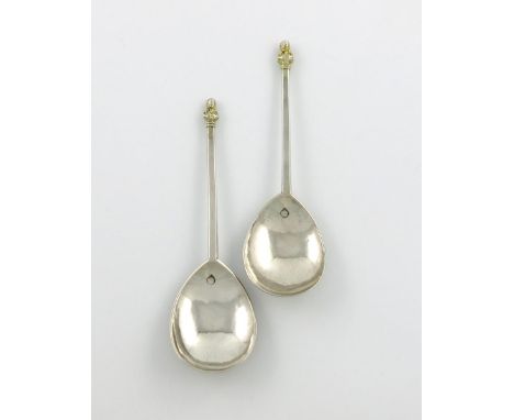 A rare pair of Elizabeth I silver Maidenhead spoons, by Richard Orenge, Sherborne, circa 1580, tapering faceted stems, gilded