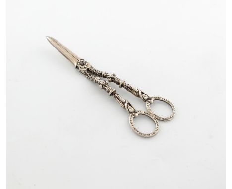 A pair of Victorian silver grape scissors, by Aldewinckle and Slater, London 1889, the handles with classical maidens and rin