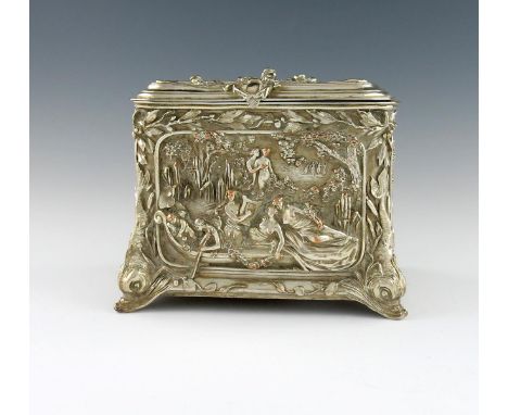 A Victorian electro-type tea caddy, rectangular form, with figural scenes in relief, the interior with two compartments, on f