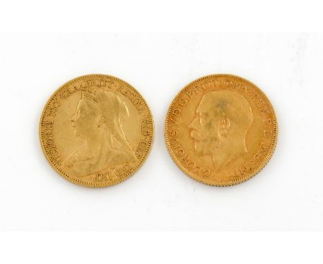 Gold Sovereigns (2), Victoria, 1900 S, George V, 1913. Very fine.