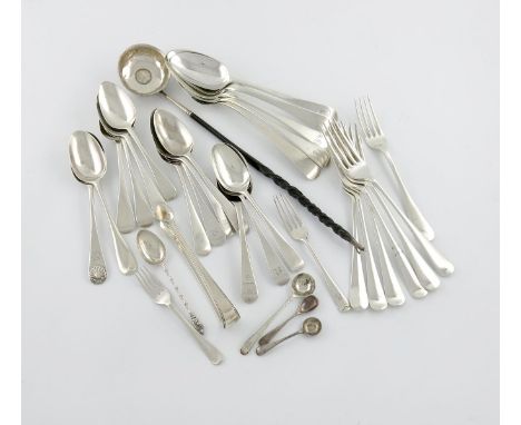 λ A mixed lot of silver Old English pattern and Hanoverian pattern flatware, various dates and makers, comprising: six table 