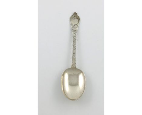 An early 18th century silver Channel Island's Trefid spoon, by Thomas Mauger, Jersey, circa 1730, the oval bowl with a ribbed