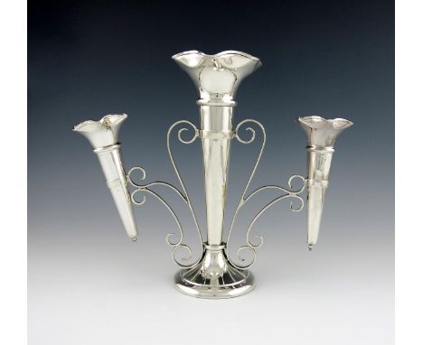 A silver epergne, by Walker and Hall, Sheffield 1917, central tapering vase with a crimped border, with two scroll wire-work 