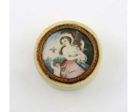 λ A 19th century gilt-metal mounted ivory portrait miniature snuff box, circular form, tortoiseshell lined, the pull-off cove