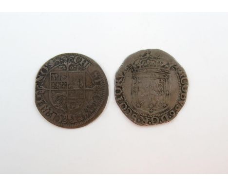 Charles I, Shilling, York mint, bust left, rev, EBOR above shield (S. 2870); Scotland, James VI, eighth coinage, Thistle Merk