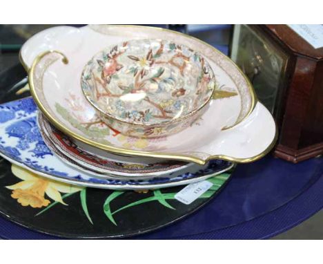 SELECTION OF CERAMICS AND A MAHOGANY ELLIOT CLOCK
including a cream and enamel Carlton Ware dish, a hand painted daffodil cha