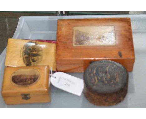 COLLECTION OF MAUCHLINE WARE
comprising two boxes and a pin book; together with a poker work page turner and a hand painted t