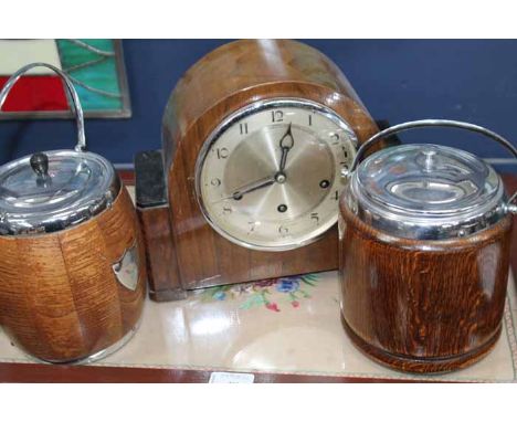 WALNUT MANTEL CLOCK, TWO BISCUIT BARRELS AND A TEA TRAY 