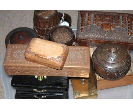 COLLECTION OF WOODEN BOXES
together with two carved wooden tankards and a gilt metal trinket box