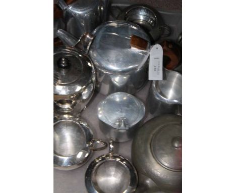 PICQUOT WARE FOUR PIECE TEA SERVICE
together with a teapot, water pot, sugar and cream; together with a beaten pewter three p