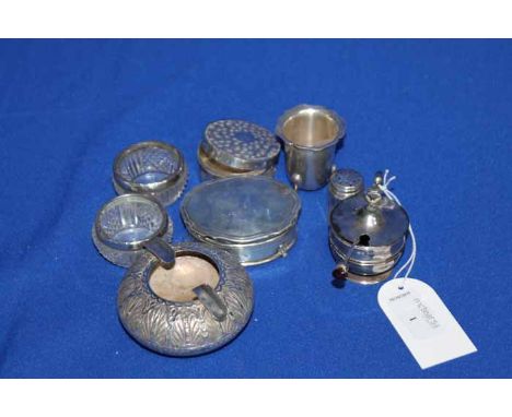 COLLECTION OF STERLING SILVER ITEMS
including silver topped glass salts and pepper pots, silver trinket boxes, an ashtray, et