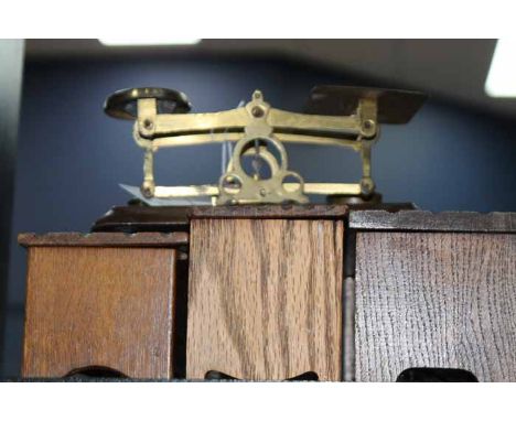SET OF BRASS AND OAK POSTAL SCALES WITH WEIGHTS 
along with three trinket boxes 