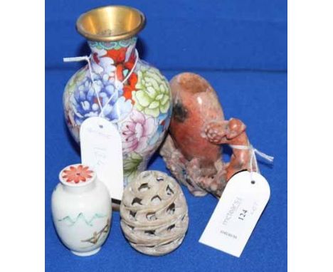 CHINESE CLOISONNE VASE, SOAPSTONE VASE, ANOTHER STONE PIECE AND A SMALL CERAMIC LIDDED VASE (4) 