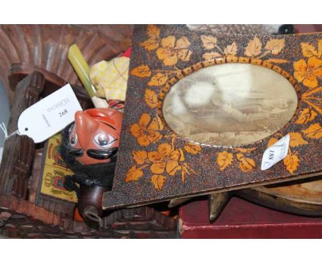 COLLECTION OF TREEN ITEMS INCLUDING A TABLE BOWLS SET
including a poker work picture frame, a pipe stand with pipes, a trinke