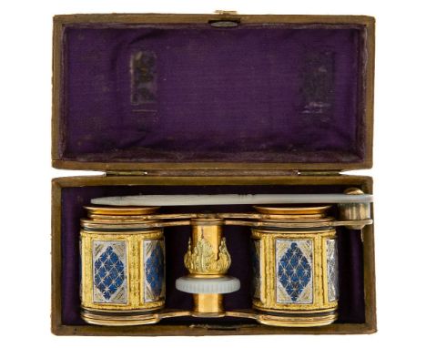 A pair of gilt-brass and enamelled opera glasses, late 19th century, the gilt-brass bodies decorated blue ground panels with 