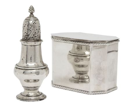 An early George III silver caster, London, 1763, John Delmester, of circular baluster form with pierced domed cap and crest e