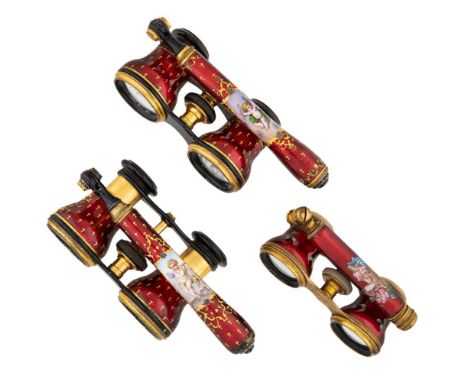 Three pairs of enamelled and gilt-brass mounted opera glasses, late 19th century, to include an example with marked Anton Kle