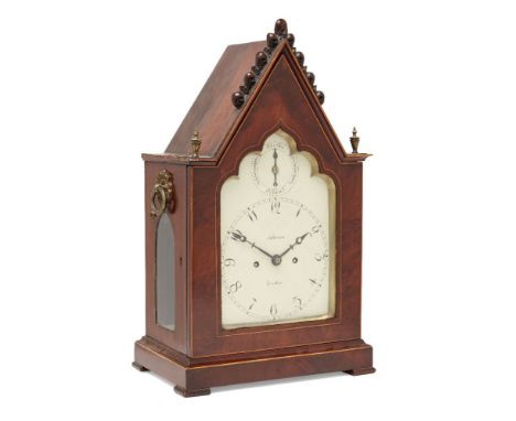 A Victorian Gothic style mahogany and boxwood line inlaid twin fusee mantel clock, late 19th century, the Gothic style case w