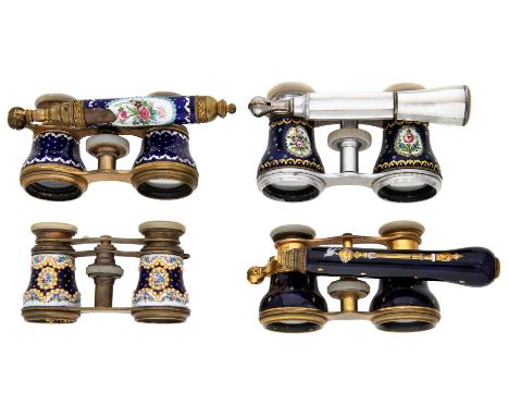 Four pairs of French enamelled opera glasses, late 19th century, to include: a nickel plated pair with mother-of-pearl eyepie