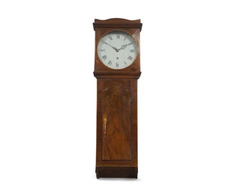 A George III mahogany and boxwood inlaid wall clock, early 19th century, the boxwood string inlaid case with shaped and mould