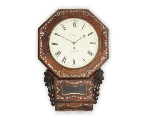 A Victorian rosewood and mother-of-pearl inlaid drop dial wall timepiece, by J Raggett, Ramsgate, late 19th century, the octa