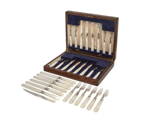 A wood cased set of mother-of-pearl handled silver fruit eaters, Sheffield, 1946, William Suckling, comprising eight each kni