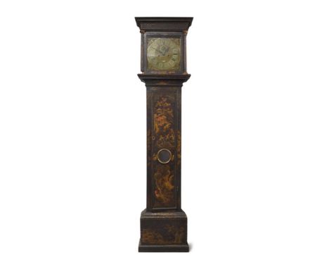 A chinoiserie eight day longcase clock, by John Berry, London, second quarter 18th century, the black lacquered case with mou