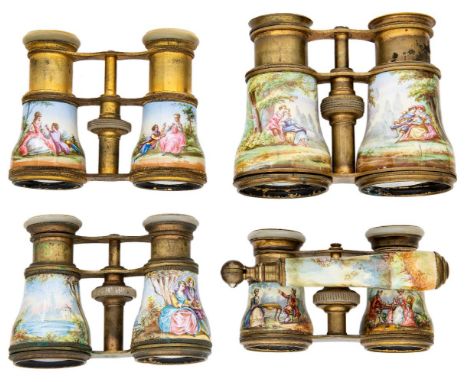 Four pairs of French gilt-brass and enamelled opera glasses, late 19th century, to include: two similar pairs with mother-of-