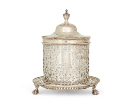 A Victorian silver mounted biscuit barrel, Sheffield, 1887, Henry Wilkinson & Co., the pierced stand raised on three claw and